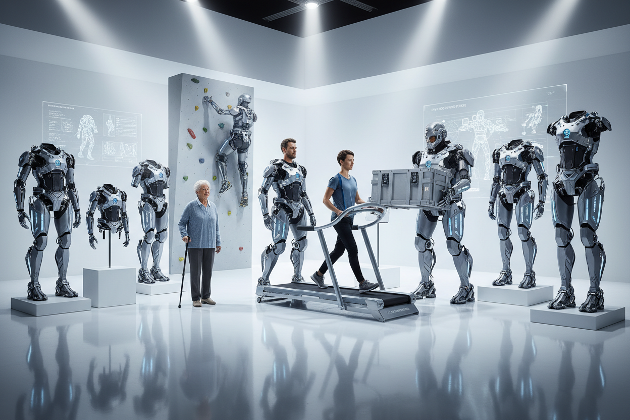 Stwórz obraz egzoszkieletów rechabilitacyjnych , wspomagających pracę , wspomagające spacery , alpinistyczne , małe duże na plecy ,rękę, nogi to do kolekcji egzoszkielety